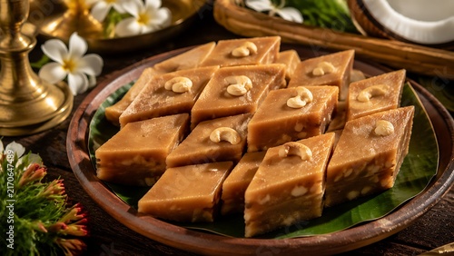 Authentic Sri Lankan Aluwa Sweet Dessert With Diamond Shaped Coconut Flour Pieces and Cashew Topping Served for Traditional New Year Celebration and Cultural Food Promotion