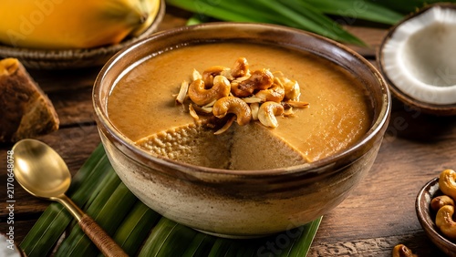 Authentic Sri Lankan Watalappam Dessert With Coconut Custard, Jaggery Sweetness and Cashew Topping Served in Ceramic Bowl for Traditional Food Culture and Restaurant Marketing