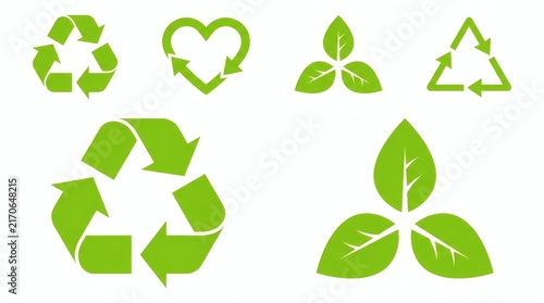 Modern eco-friendly recycling and sustainability icons set with green leaves and arrows.
