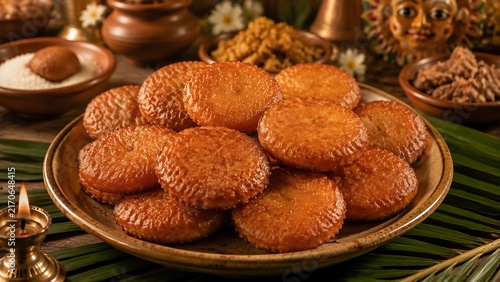 Authentic Sri Lankan Athirasa Sweet Cakes Traditional New Year Dessert on Rustic Plate with Village Kitchen Atmosphere and Cultural Food Heritage Celebration