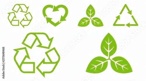 Modern flat design eco recycling symbols set with green leaves and arrows for sustainability projects.