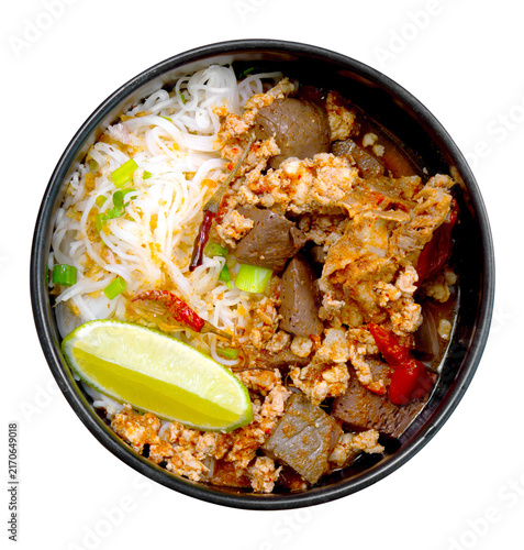 Rice Vermicelli with Northern Thai Curry Sauce (Khanom Chin Nam Ngiao) is a local dish from Northern Thailand.