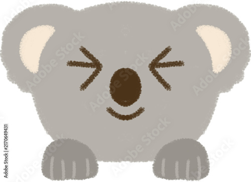 Peeking-a-boo cute baby koala crayon hand-drawn illustration 