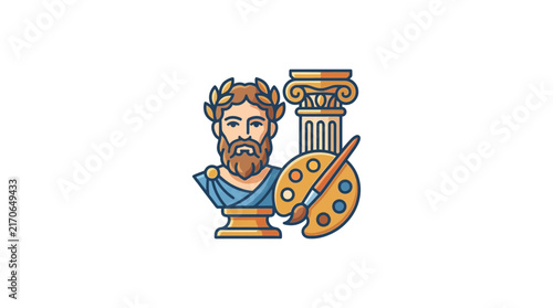 Classical Greek bust statue with artist paint palette.