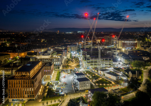 Aerial view of construction work at the University of Glasgow, showing major campus development, investment and regeneration of the university estate in Scotland.