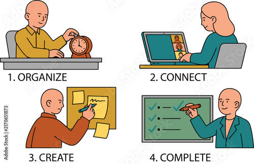 Organizing, connecting, creating, and completing tasks workflow with diverse characters for productivity and project management.