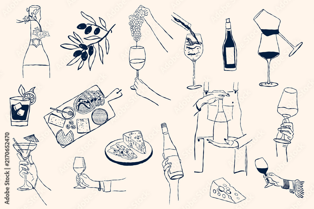 Obraz premium Hand drawn doodle wine set vector illustration isolated on white background. Collection of wine bottles, hands holding glasses, cheese, olives, and grapes in sketch line art style.