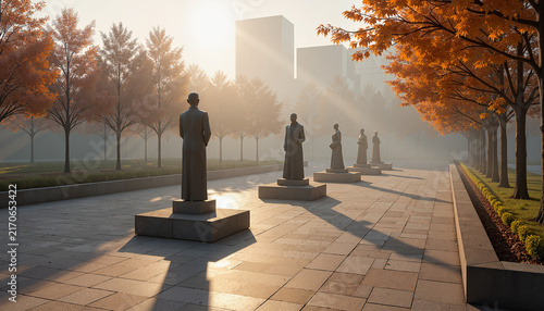 statues of historical figures standing in a park surrounded by autumn trees with soft sunlight illuminating the scene, concept public memorial, with copy space