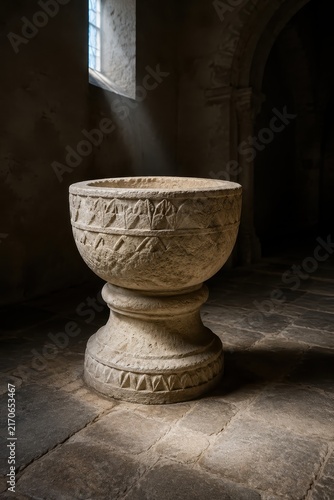 Carved stone baptismal font in a quiet church interior