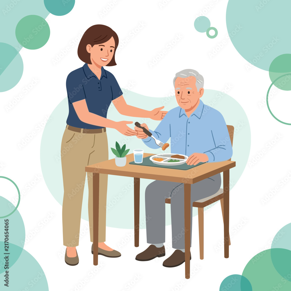 Fototapeta premium Caring caregiver feeding elderly man at dining table, concept of support, assistance, and healthy lifestyle.
