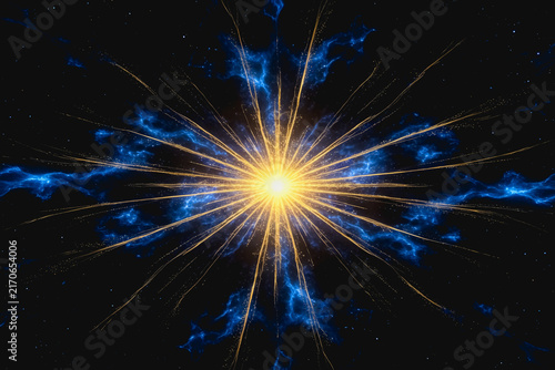 A bright golden starburst radiates energy outward, surrounded by blue nebula gas in dark deep space.