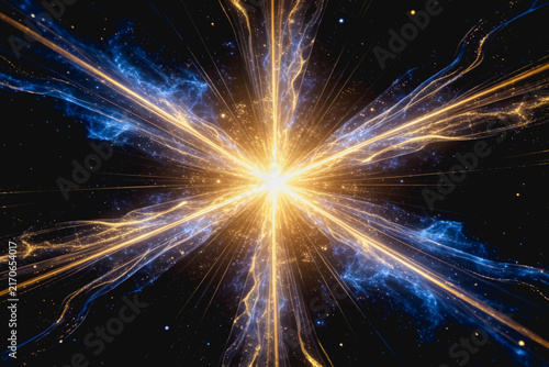 A vivid abstract depiction of a cosmic energy burst, featuring bright golden and blue light rays radiating outward from a central source in deep space.