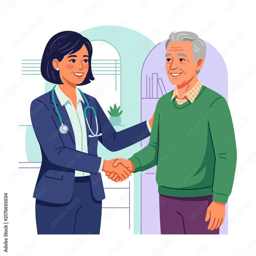 Fototapeta premium Doctor and patient shaking hands, symbolizing trust and successful treatment in a healthcare setting