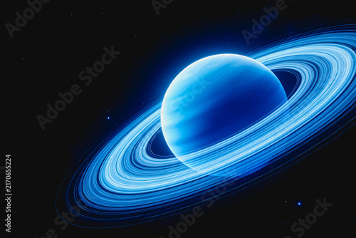 A vibrant blue gas giant planet with prominent, luminous rings, set against the dark backdrop of deep space dotted with distant stars.