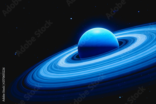 A blue gas giant planet with distinct ring systems, set against a backdrop of distant stars in deep outer space.