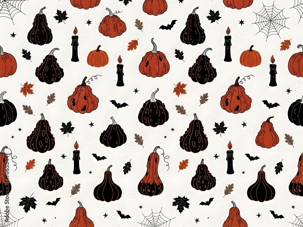 Seamless halloween pattern with black pumpkins candles and bats for holiday decoration