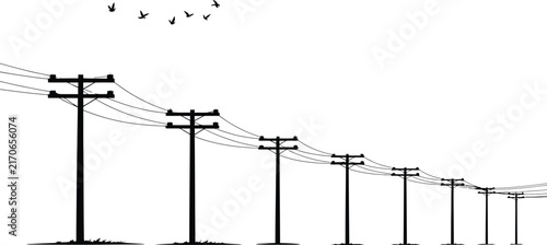 A row of black wooden utility poles with power lines stretching into the distance and a small flock of birds flying in the sky isolated on a white background