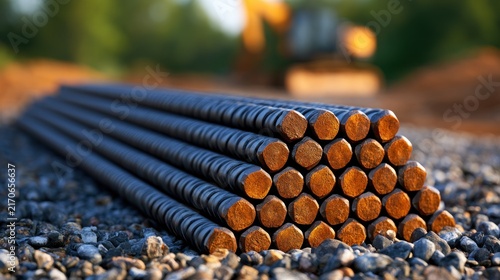 Steel rebar stack on gravel at construction site