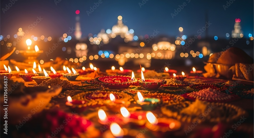 Fototapeta premium Diwali festival of lights in india with temple background