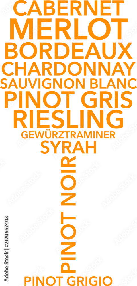 Naklejka premium Arrangement of wine variety names in a vertical orange word cloud funny animal emoji