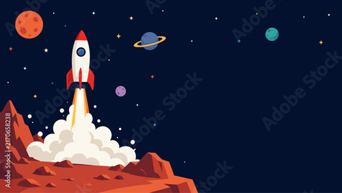 Spaceship launching from planet surface into deep space with colorful planets and starry night background