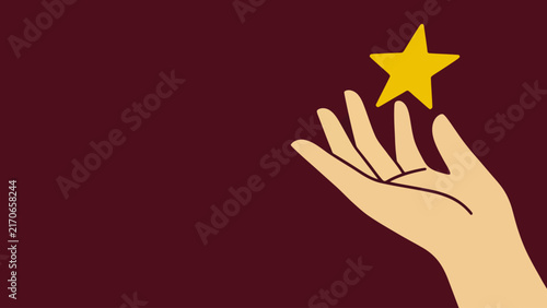 Minimalist vector illustration of an open hand reaching towards a bright yellow star symbolizing dreams and ambition on a dark background
