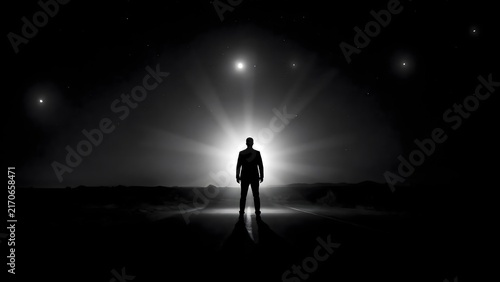 Silhouette of a man standing against a bright light source in a dark night landscape