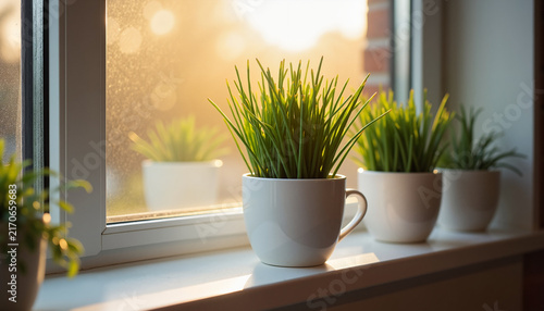 Indoor plants in white cups on a windowsill with soft sunlight shining through, creating a serene atmosphere for home decor and relaxation
