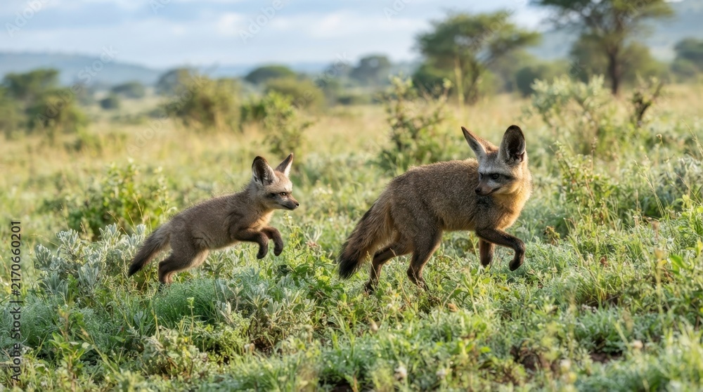 Naklejka premium Bat-Eared Foxes in African Savanna: Two adorable bat-eared foxes, with their characteristically large ears, navigate the grassy savanna under the soft morning light.