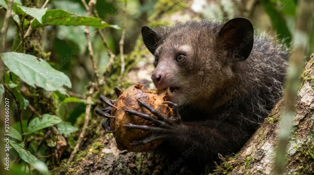 Naklejka premium Aye-aye in its natural habitat eating a fruit: A unique aye-aye with its characteristic large ears and long, slender fingers is perched on a tree branch, skillfully cracking open and eating a fruit.