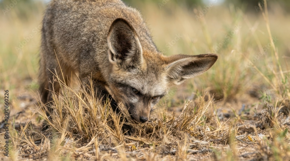 Naklejka premium Bat-Eared Fox Forages in Dry Grassland: A wild bat-eared fox with large ears and a grizzled coat hunts for insects in a dry, grassy savanna.
