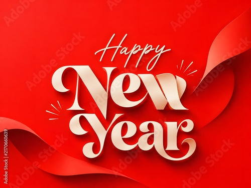 Happy new year text with paper cutout style letters on red background