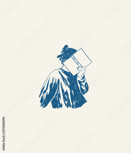 Photography Hand drawn blue ink sketch of a girl in cozy sweater hiding her face behind a bo
