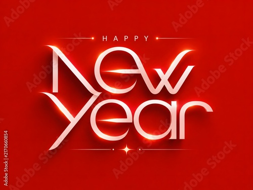 Happy new year text with glowing white lettering on red background