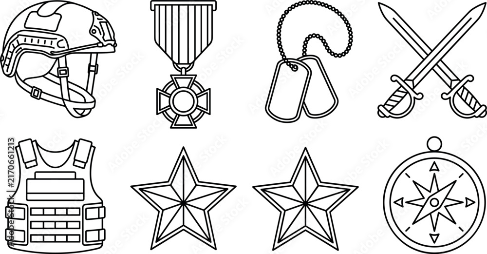 Fototapeta premium Military equipment and veteran honor line icons set featuring helmet body armor and medals