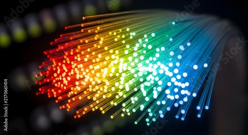 Fiber optic cables with glowing rainbow light for high speed internet and data connection