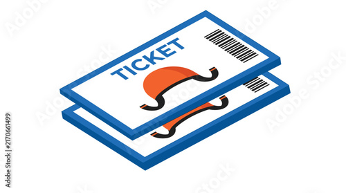 Two rectangular paper tickets featuring blue borders and black barcodes shown from an isometric perspective