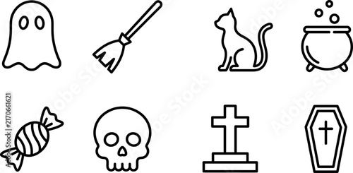 Foto Halloween line icons set featuring ghost broom black cat cauldron skull and spoo