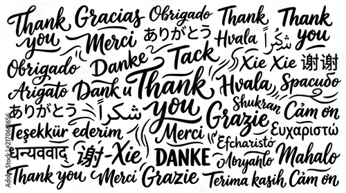 Thank You set with multilingual gratitude featuring calligraphy, lettering, typography with diverse languages and hand-drawn flourishes