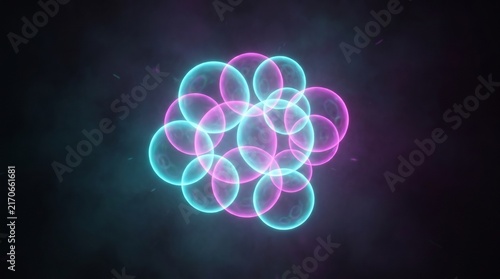 Glowing neon bubble cluster. Translucent pink and cyan spheres overlapping. Abstract digital energy or cellular structure on dark background