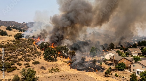 Forest Wildfire burning dangerously close to suburban residential neighborhood houses and dry hills