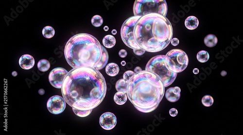 Iridescent soap bubbles floating in air. Colorful transparent spheres with rainbow patterns against a black background. Realistic 3D rendering