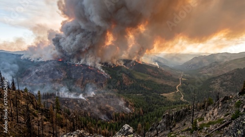 Forest Wildfire burning through mountain timberland with massive smoke plumes during daylight