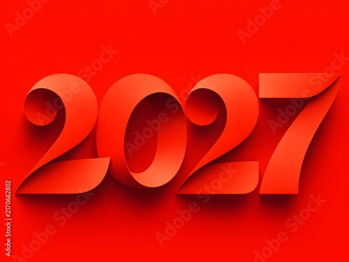 Red 2027 year numbers with paper cutout style and soft shadows