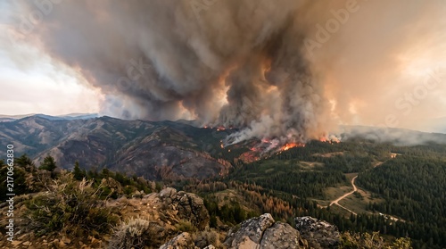 Forest Wildfire burning mountain landscape with massive thick smoke clouds rising