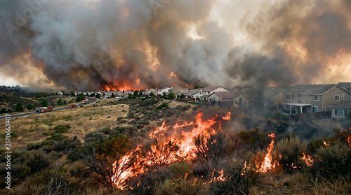 Forest Wildfire threatening suburban neighborhood with massive smoke and flames during daytime