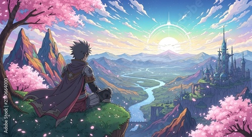 Warrior sitting on a cliff overlooking a fantasy kingdom at sunrise with cherry blossoms