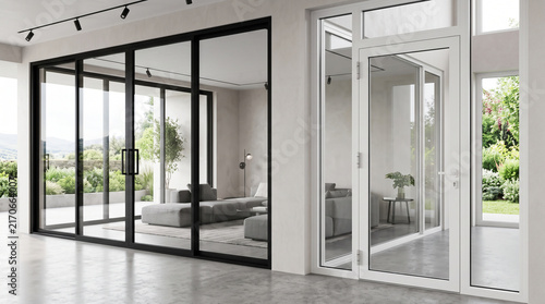 modern aluminum window and door frames displayed in bright white showroom interior on concrete floor, including fixed window, tilt and turn windows in white and anthracite, large lift and slide slidin