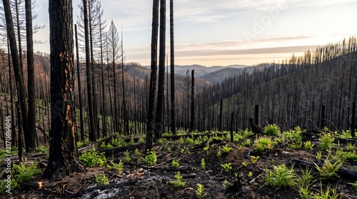 Forest Wildfire destruction showing burnt trees and new green fern growth recovery in nature