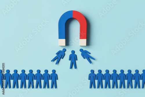 A large red and blue horseshoe magnet pulling blue human-shaped figures from a group, illustrating the concept of talent acquisition, recruitment, and customer attraction